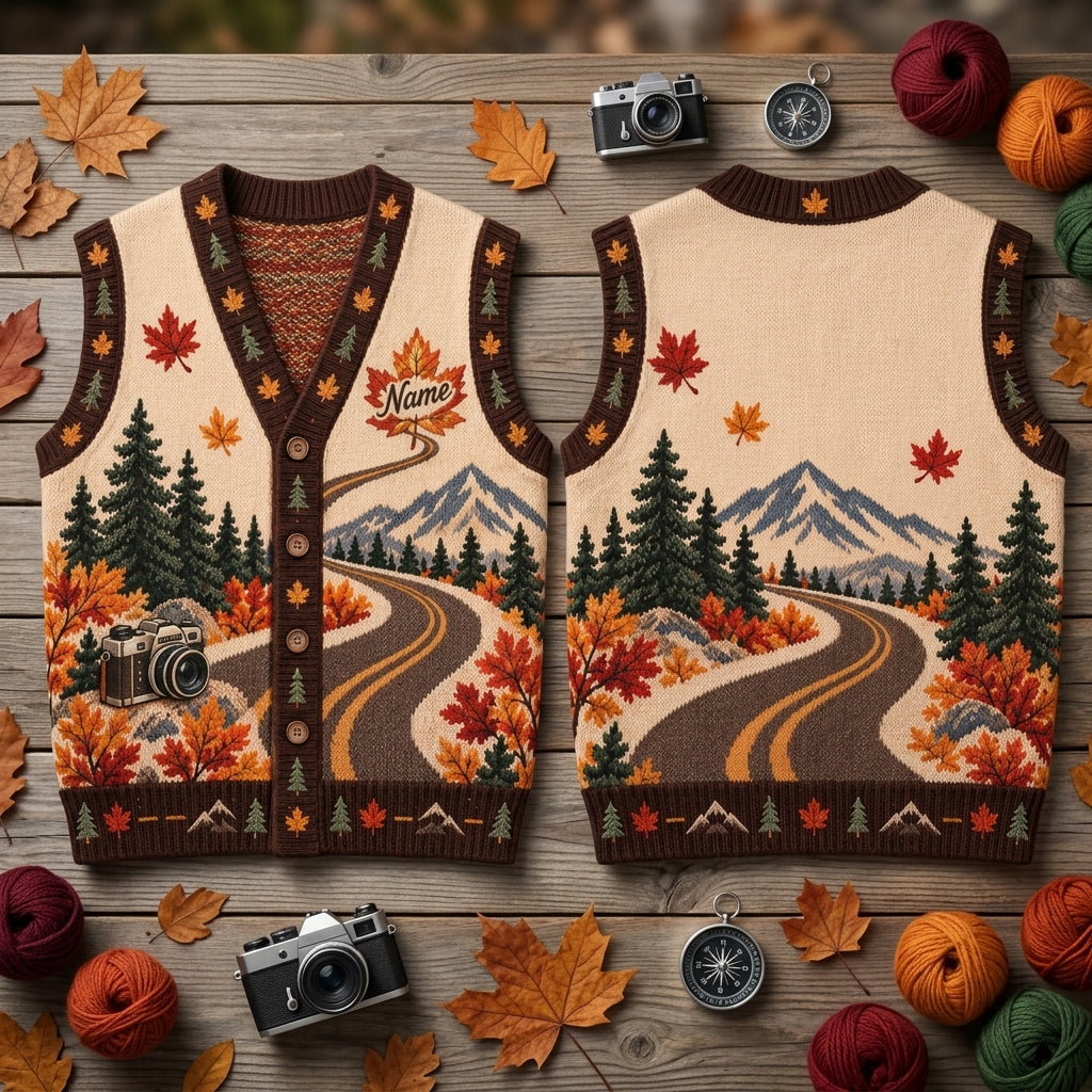 Custom Fall Leaf Peeping Road Trip Cardigan Vest - Autumn Scenic Travel Gift - mockup 2