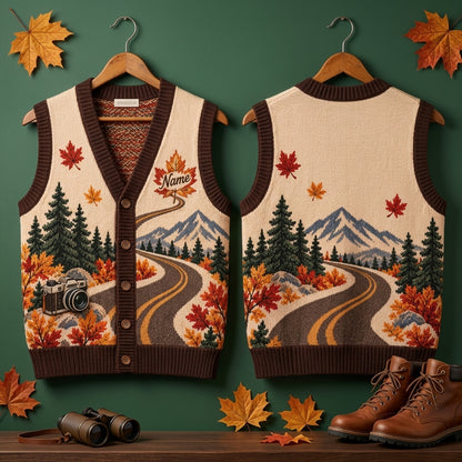 Custom Fall Leaf Peeping Road Trip Cardigan Vest - Autumn Scenic Travel Gift - mockup 3