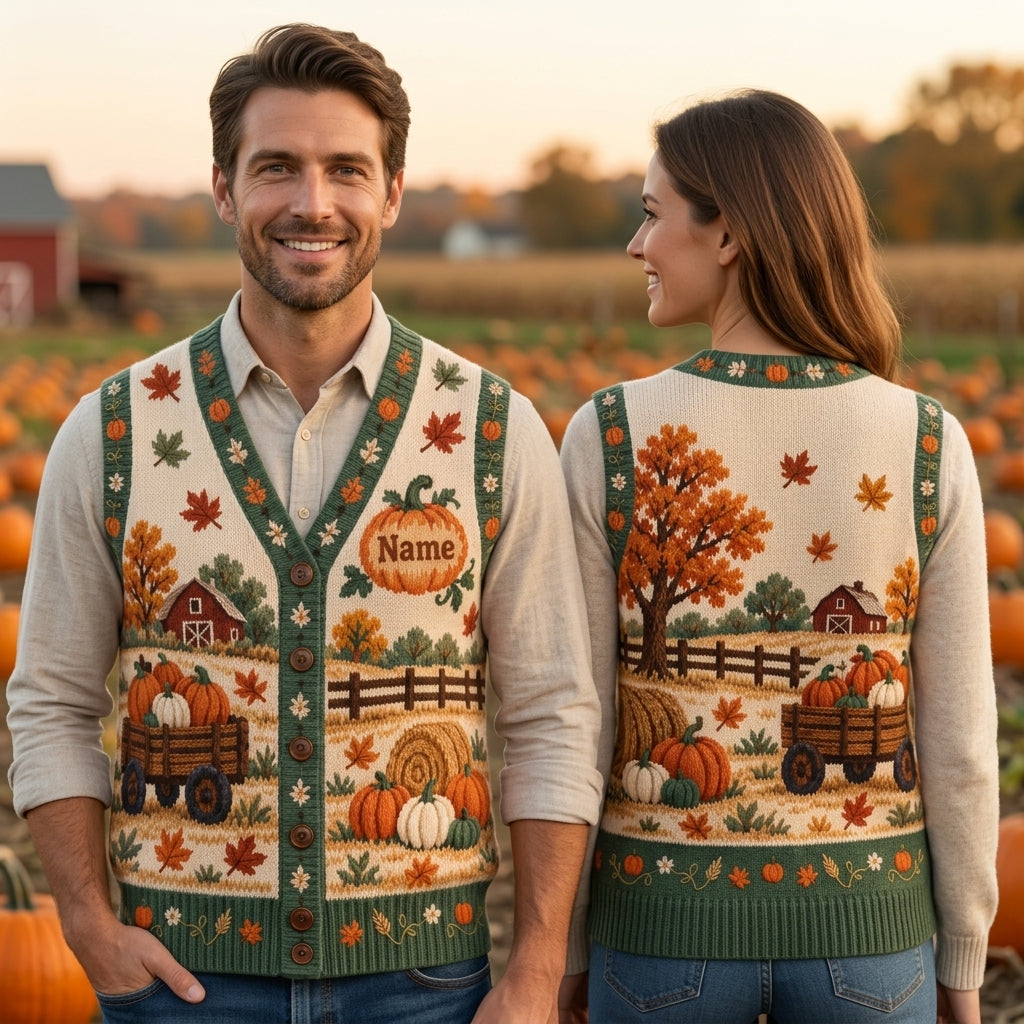 Custom Pumpkin Patch Family Day Cardigan Vest - Personalized Autumn Farm Scene - mockup 1