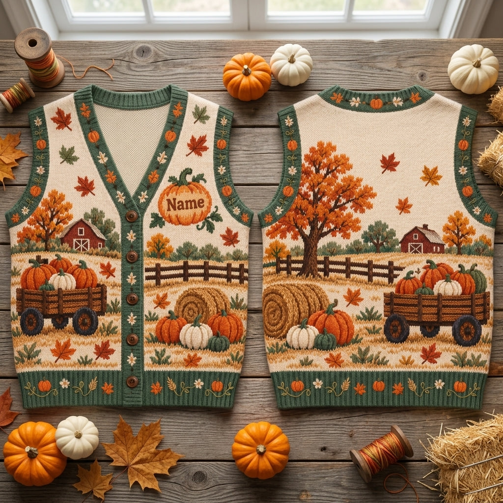 Custom Pumpkin Patch Family Day Cardigan Vest - Personalized Autumn Farm Scene - mockup 2