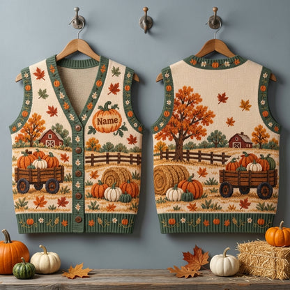 Custom Pumpkin Patch Family Day Cardigan Vest - Personalized Autumn Farm Scene - mockup 3