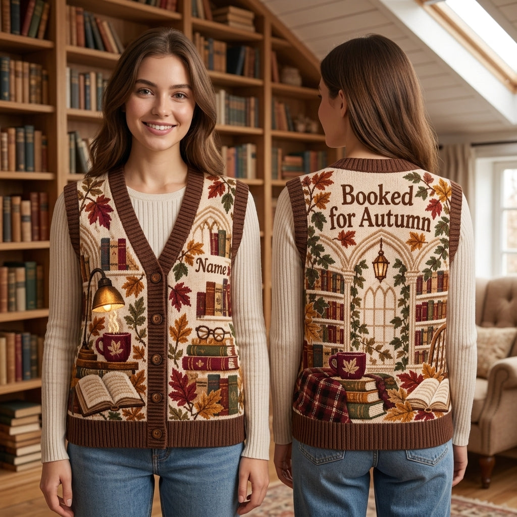 Custom Autumn Book Lover Cardigan Vest - Personalized Library Aesthetic Gift - mockup 1