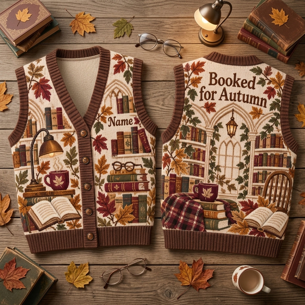 Custom Autumn Book Lover Cardigan Vest - Personalized Library Aesthetic Gift - mockup 2