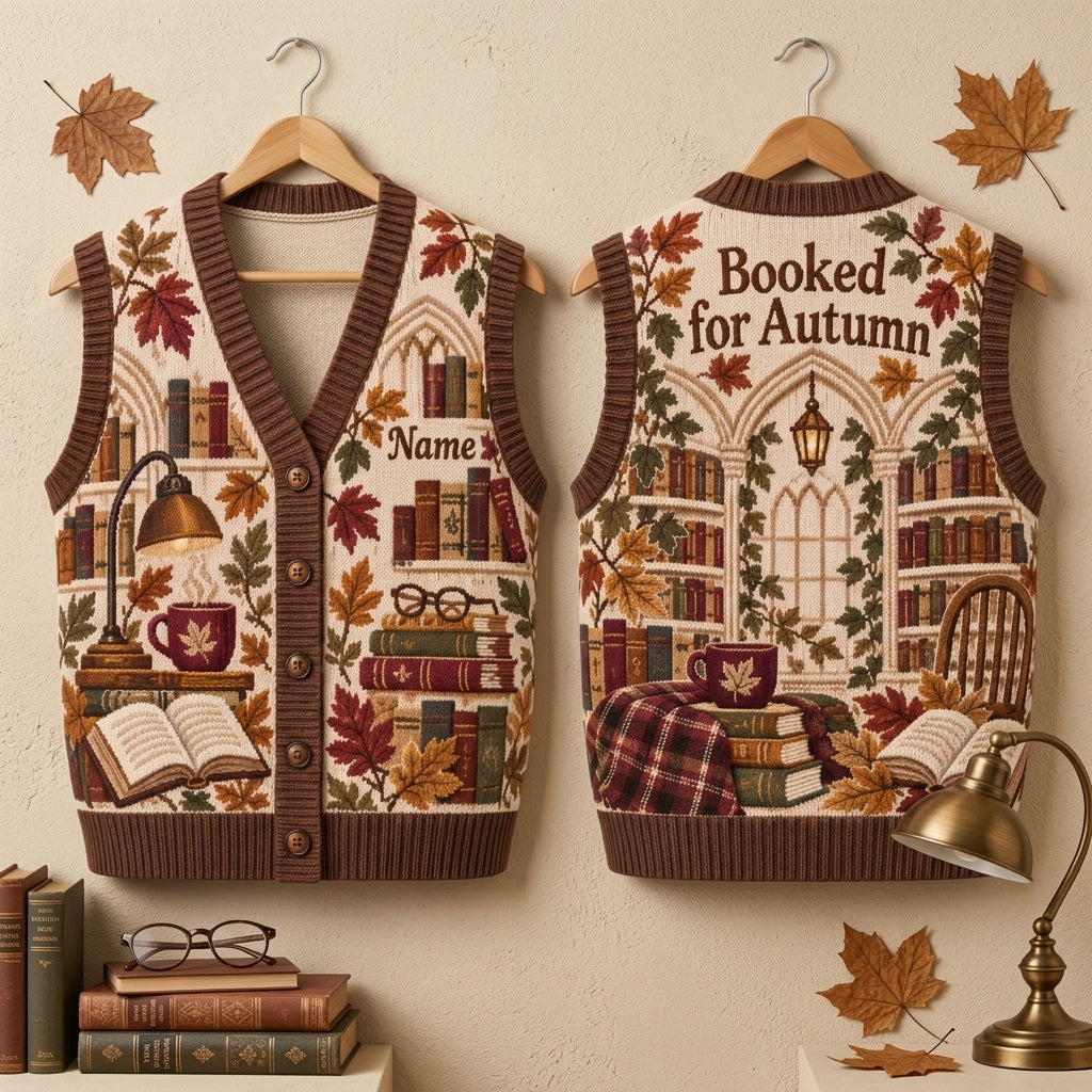 Custom Autumn Book Lover Cardigan Vest - Personalized Library Aesthetic Gift - mockup 3