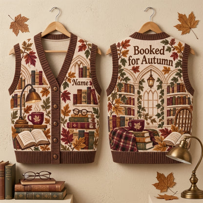 Custom Autumn Book Lover Cardigan Vest - Personalized Library Aesthetic Gift - mockup 3