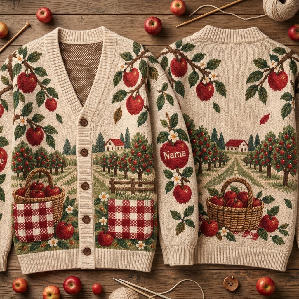Custom Apple Orchard Weekend Knitted Cardigan – Personalized Fall Gift - mockup 2