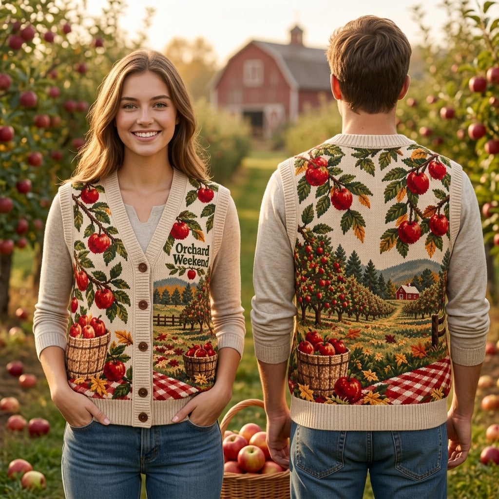 Apple Orchard Weekend Scenic Print Cardigan Vest - Unisex Oversized Autumn Fashion - mockup 1