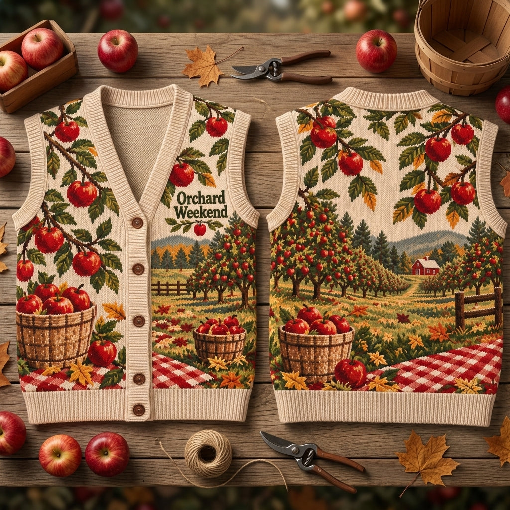 Apple Orchard Weekend Scenic Print Cardigan Vest - Unisex Oversized Autumn Fashion - mockup 2
