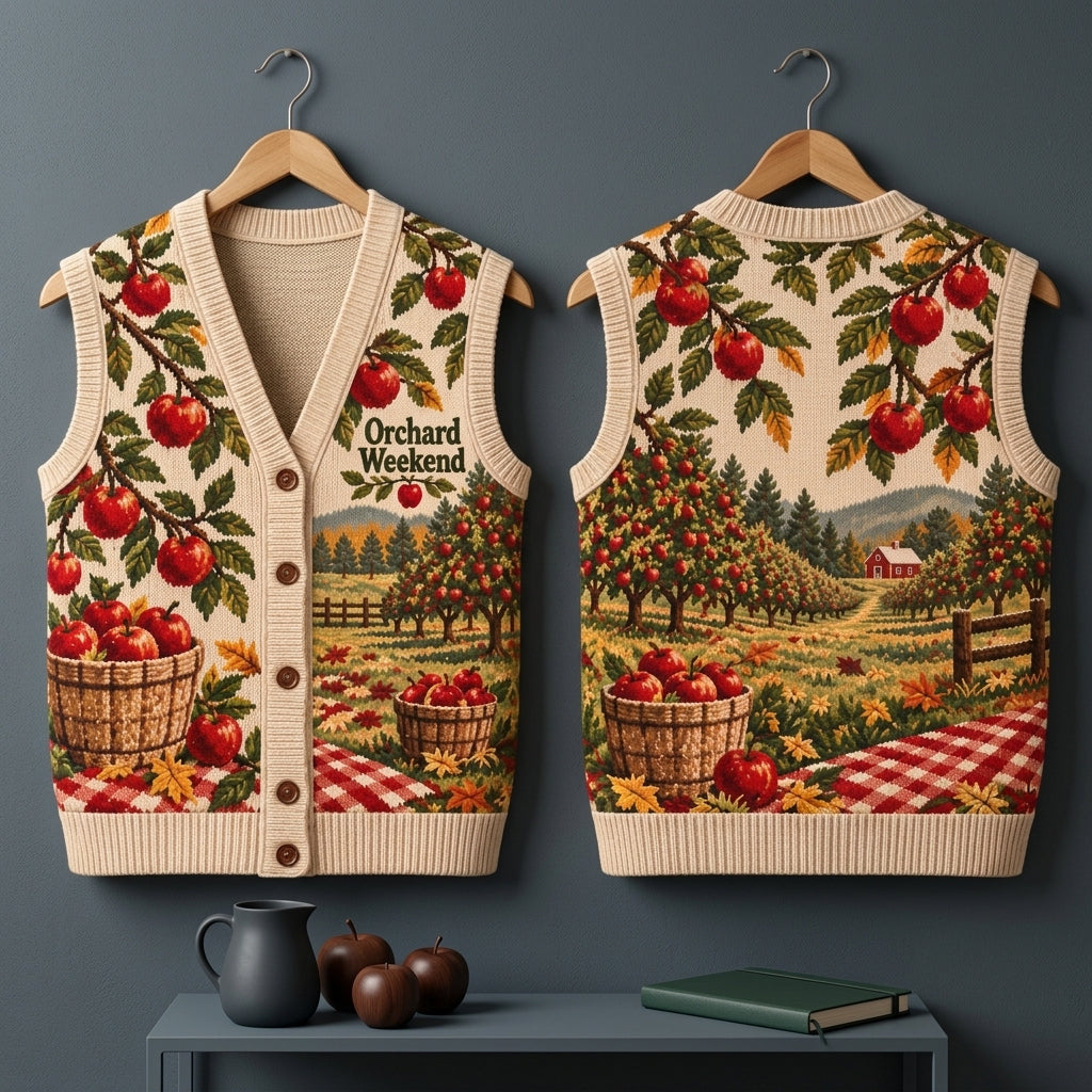 Apple Orchard Weekend Scenic Print Cardigan Vest - Unisex Oversized Autumn Fashion - mockup 3