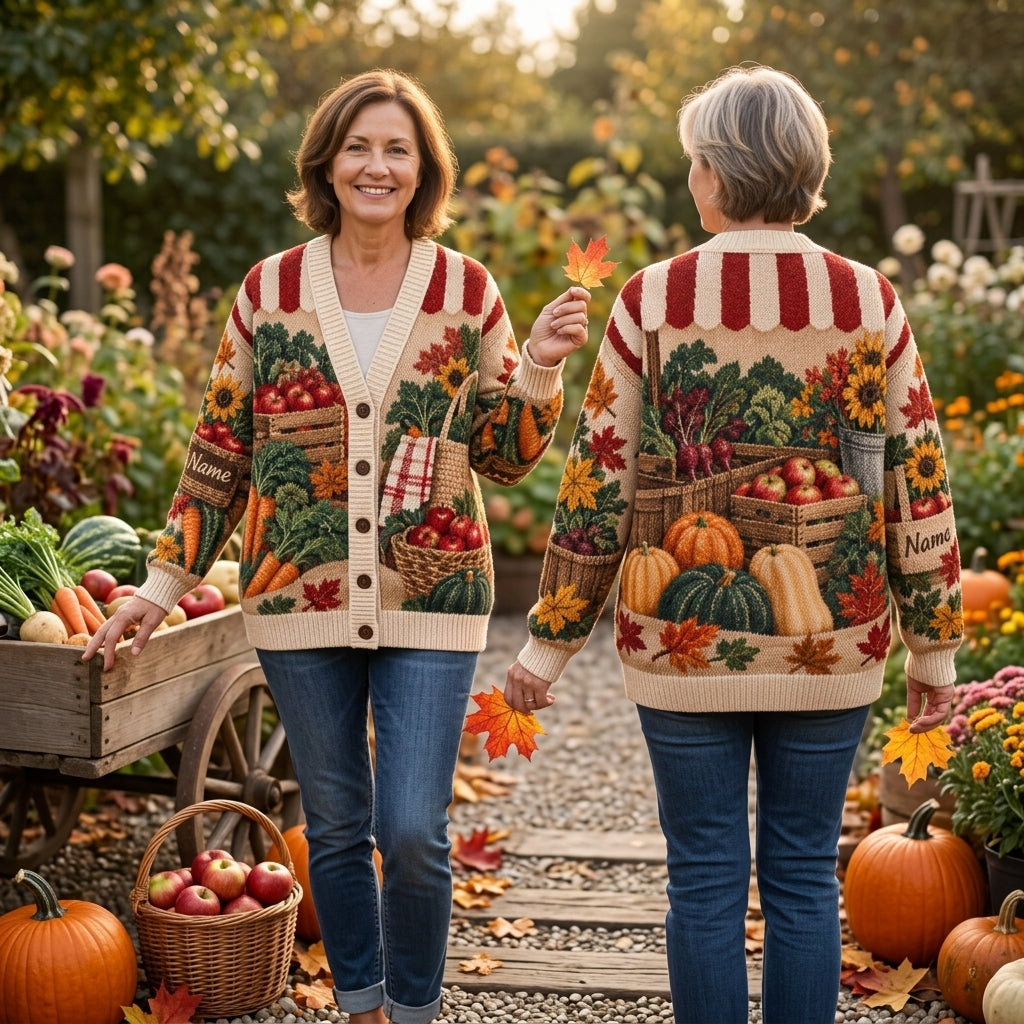 Personalized Fall Farmers Market Knitted Cardigan – Cozy Autumn Harvest Gift - mockup 1