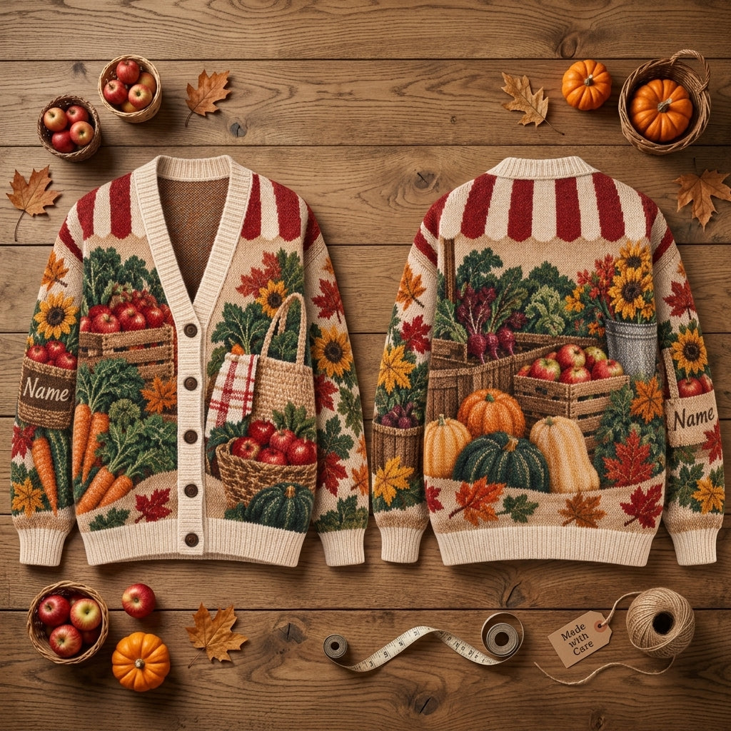 Personalized Fall Farmers Market Knitted Cardigan – Cozy Autumn Harvest Gift - mockup 2