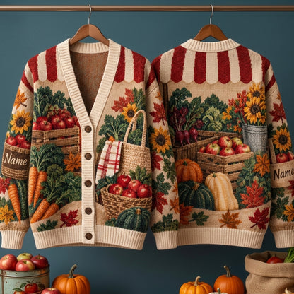 Personalized Fall Farmers Market Knitted Cardigan – Cozy Autumn Harvest Gift - mockup 3