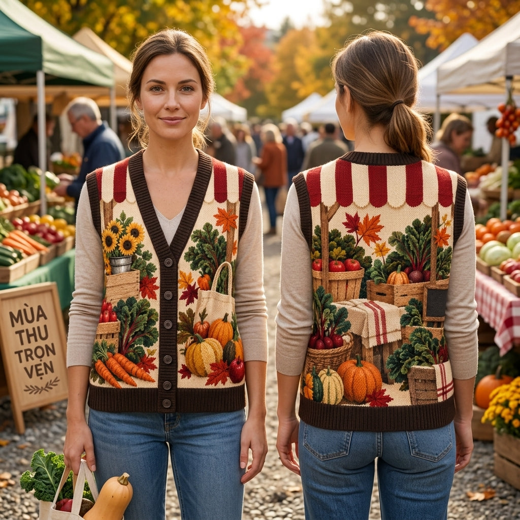 Fall Farmers Market Harvest Graphic Cardigan Vest – Unisex Autumn Apparel - mockup 1