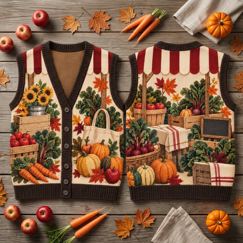 Fall Farmers Market Harvest Graphic Cardigan Vest – Unisex Autumn Apparel - mockup 2