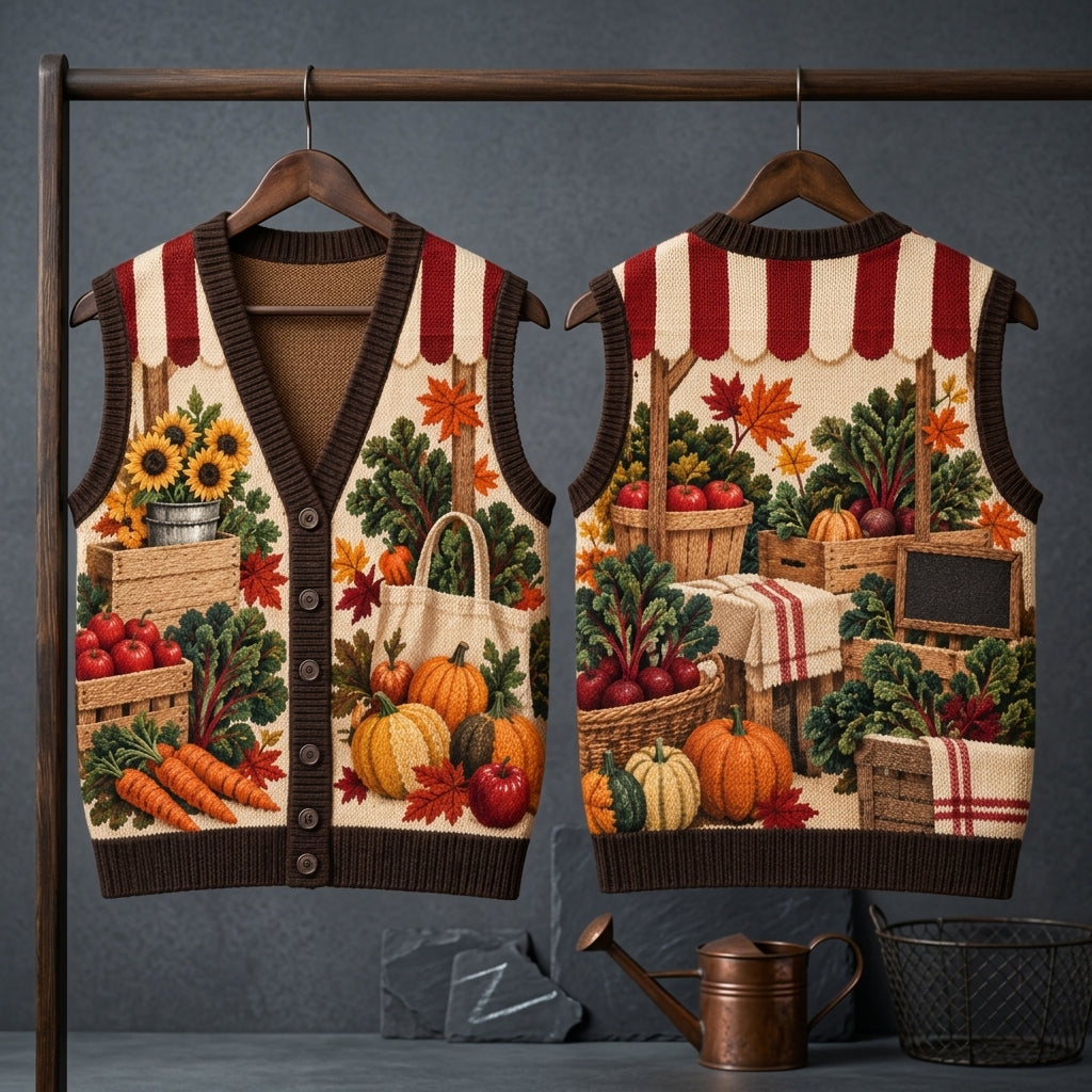 Fall Farmers Market Harvest Graphic Cardigan Vest – Unisex Autumn Apparel - mockup 3