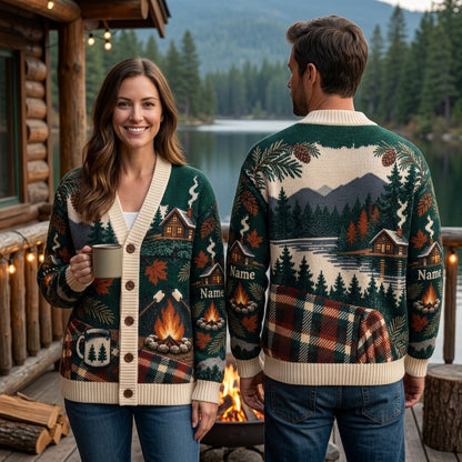 Personalized Bonfire Cabin Weekend Knitted Cardigan - Cozy Forest Retreat Gift - mockup 1