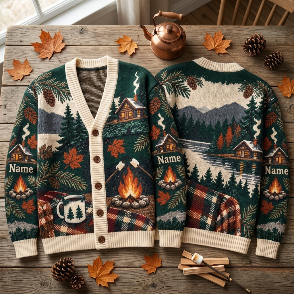 Personalized Bonfire Cabin Weekend Knitted Cardigan - Cozy Forest Retreat Gift - mockup 2
