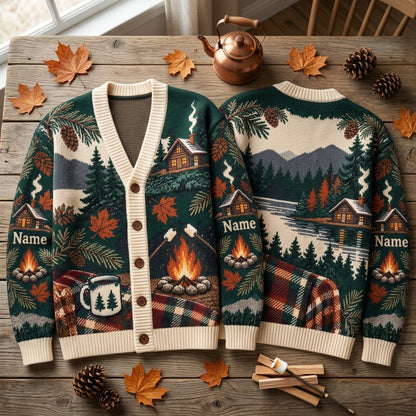Personalized Bonfire Cabin Weekend Knitted Cardigan - Cozy Forest Retreat Gift - mockup 2