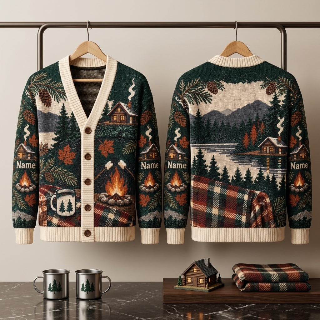 Personalized Bonfire Cabin Weekend Knitted Cardigan - Cozy Forest Retreat Gift - mockup 3