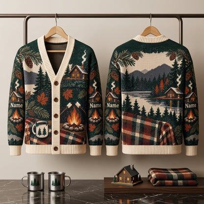 Personalized Bonfire Cabin Weekend Knitted Cardigan - Cozy Forest Retreat Gift - mockup 3