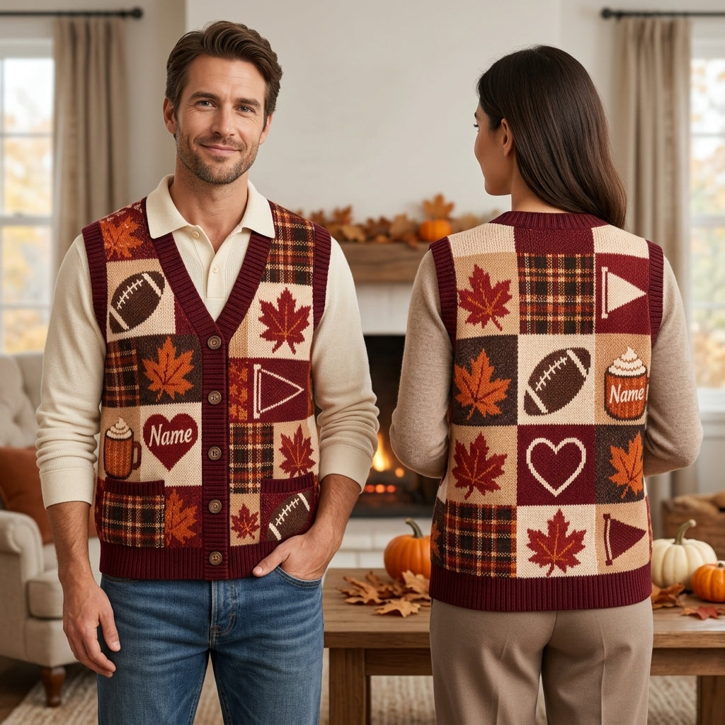 Personalized Fall Game Day Mom Patchwork Cardigan Vest – Football & Autumn Style - mockup 1