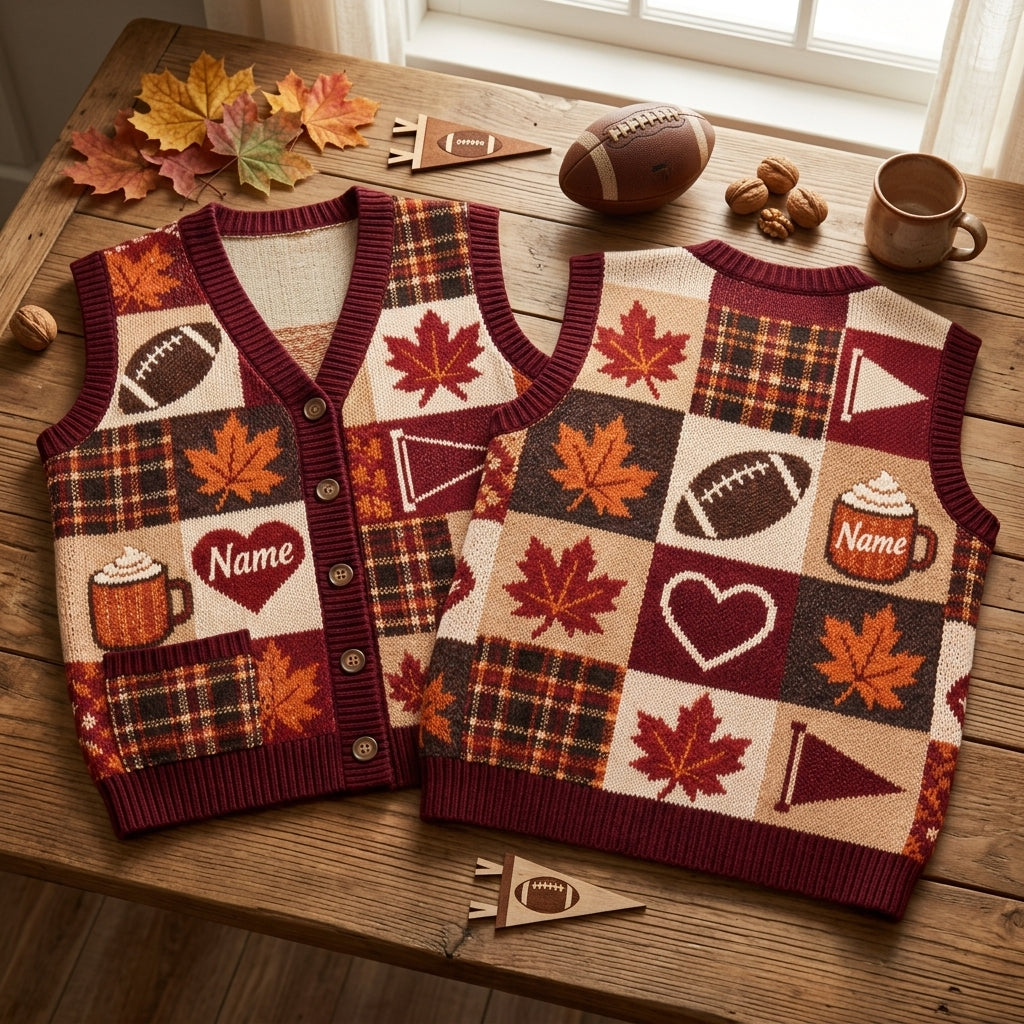 Personalized Fall Game Day Mom Patchwork Cardigan Vest – Football & Autumn Style - mockup 2