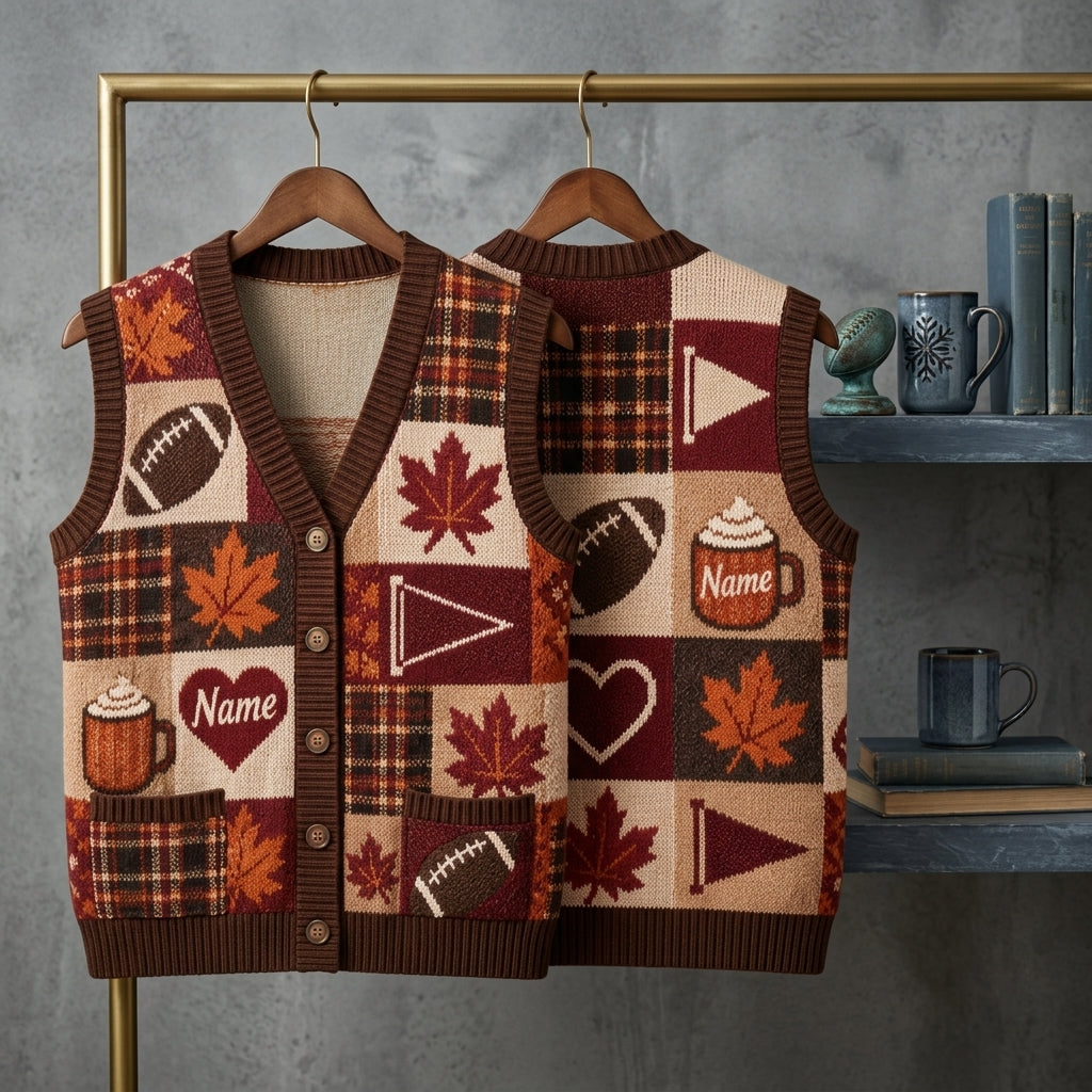 Personalized Fall Game Day Mom Patchwork Cardigan Vest – Football & Autumn Style - mockup 3