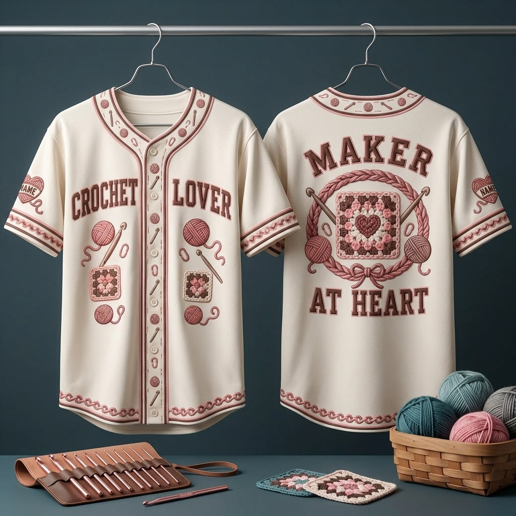Personalized Crochet Lover Baseball Jersey - Maker At Heart Custom Name Top - mockup 3