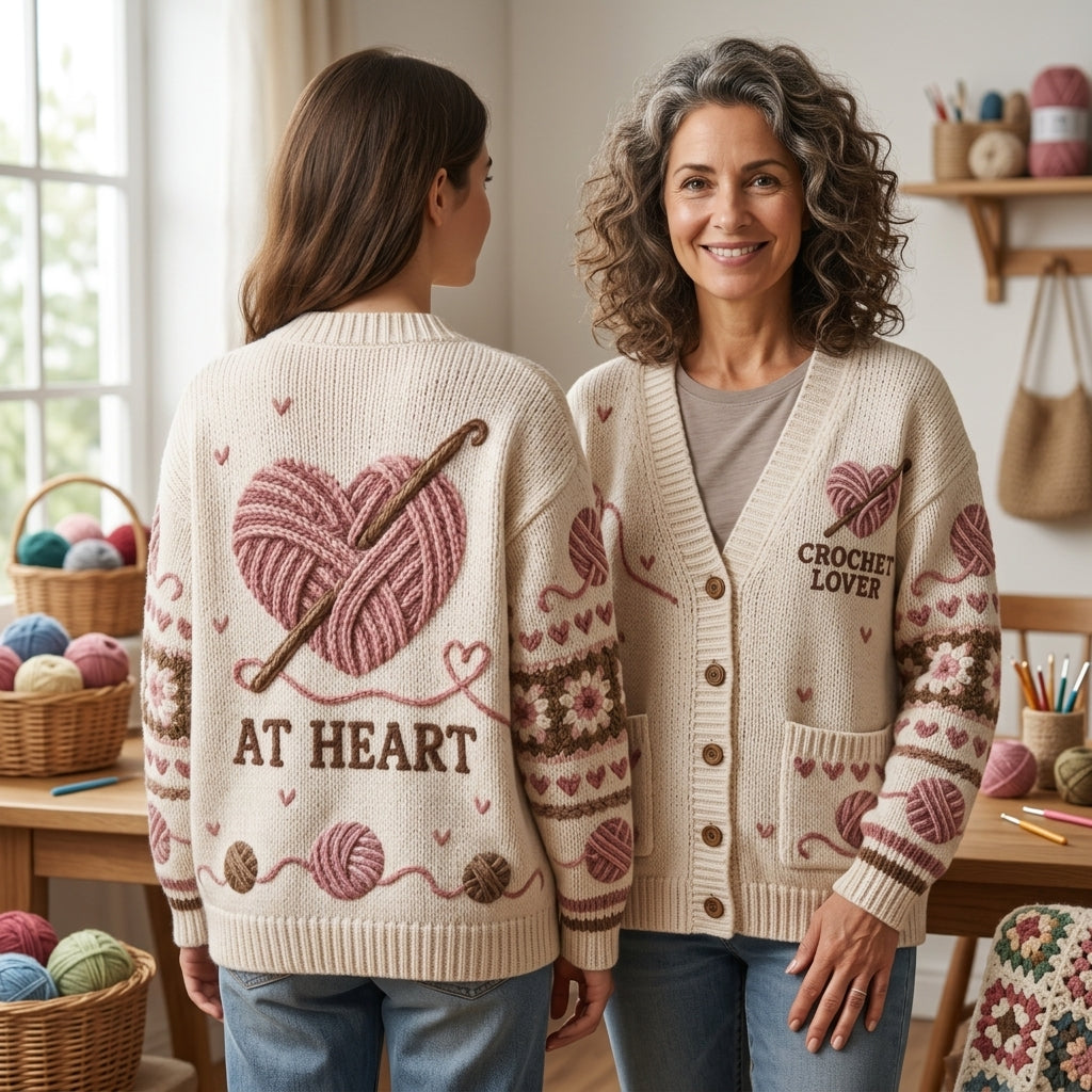 Crochet Lover Yarn Heart Knitted Cardigan – Cozy Oversized V-Neck Sweater for Crafters - mockup 1