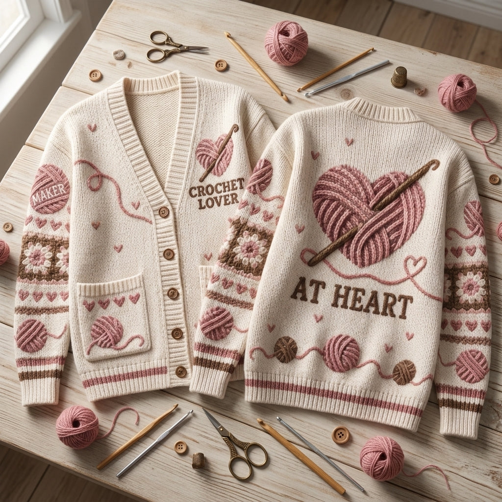 Crochet Lover Yarn Heart Knitted Cardigan – Cozy Oversized V-Neck Sweater for Crafters - mockup 2