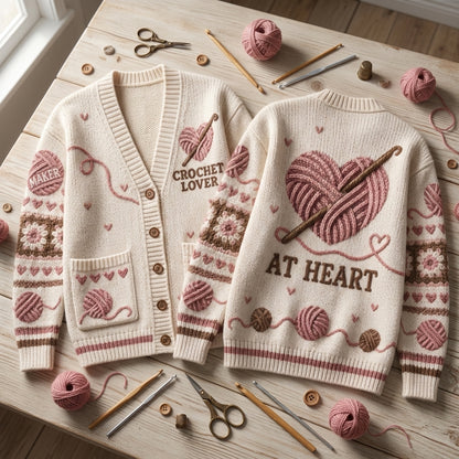 Crochet Lover Yarn Heart Knitted Cardigan – Cozy Oversized V-Neck Sweater for Crafters - mockup 2