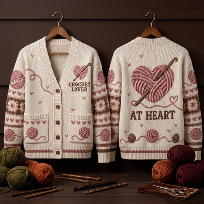 Crochet Lover Yarn Heart Knitted Cardigan – Cozy Oversized V-Neck Sweater for Crafters - mockup 3