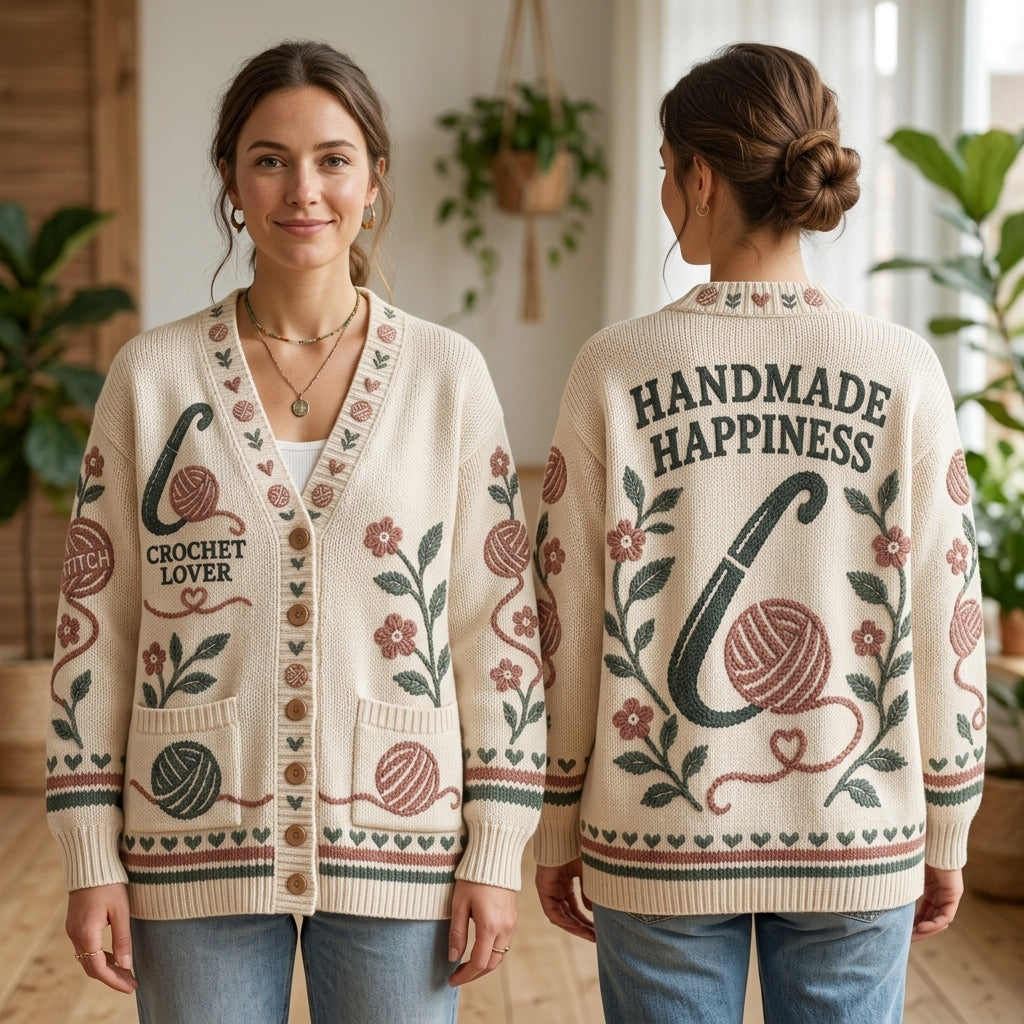 Crochet Lover Handmade Happiness Knitted Cardigan – Cozy Crafting Gift - mockup 1