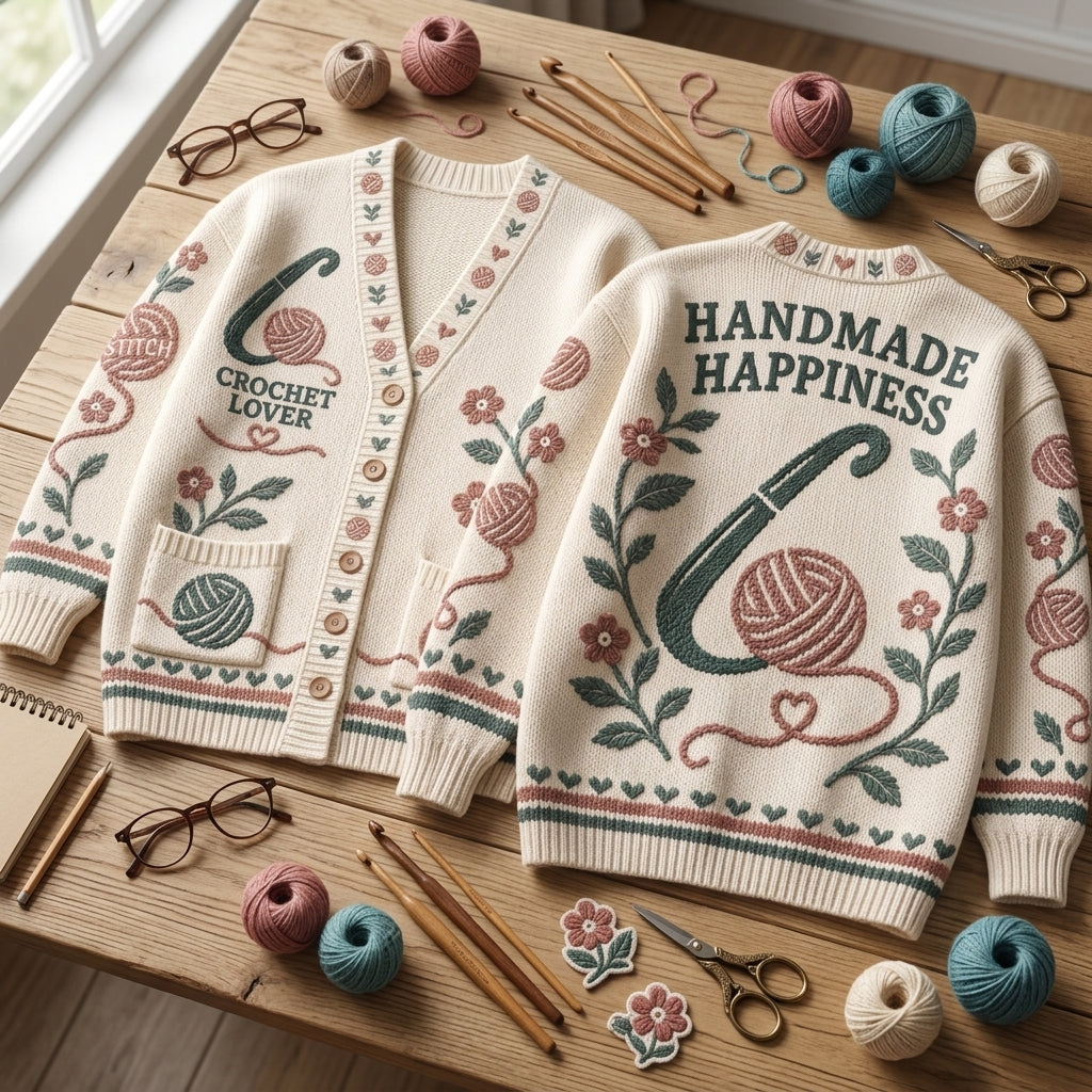 Crochet Lover Handmade Happiness Knitted Cardigan – Cozy Crafting Gift - mockup 2