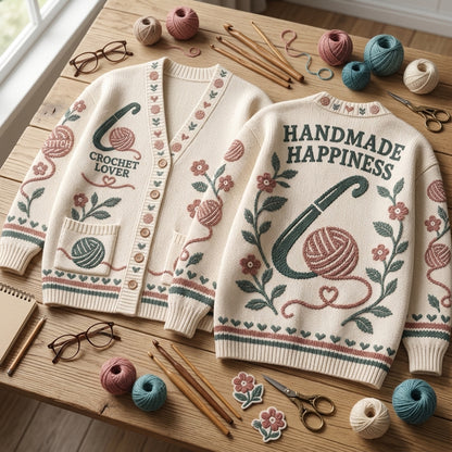 Crochet Lover Handmade Happiness Knitted Cardigan – Cozy Crafting Gift - mockup 2