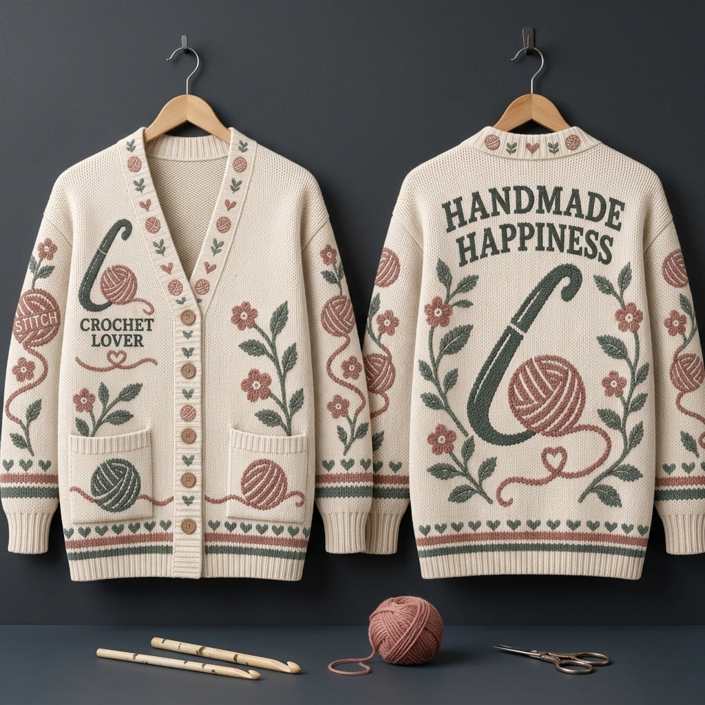Crochet Lover Handmade Happiness Knitted Cardigan – Cozy Crafting Gift - mockup 3