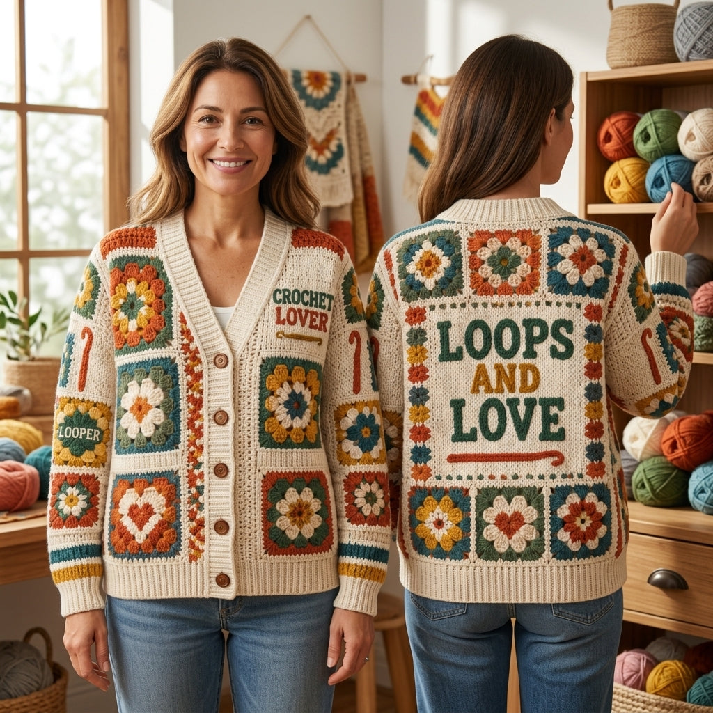 Crochet Lover Granny Square Print Knitted Cardigan – Cozy Gift for Crafters - mockup 1