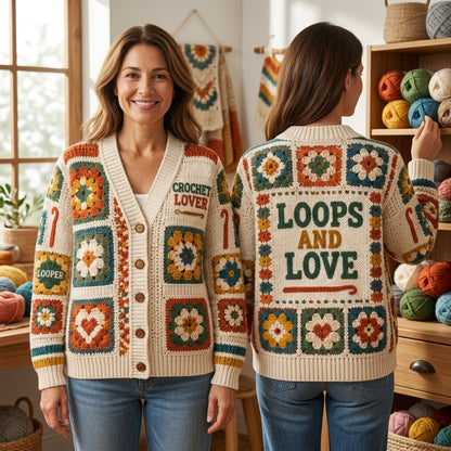 Crochet Lover Granny Square Print Knitted Cardigan – Cozy Gift for Crafters - mockup 1