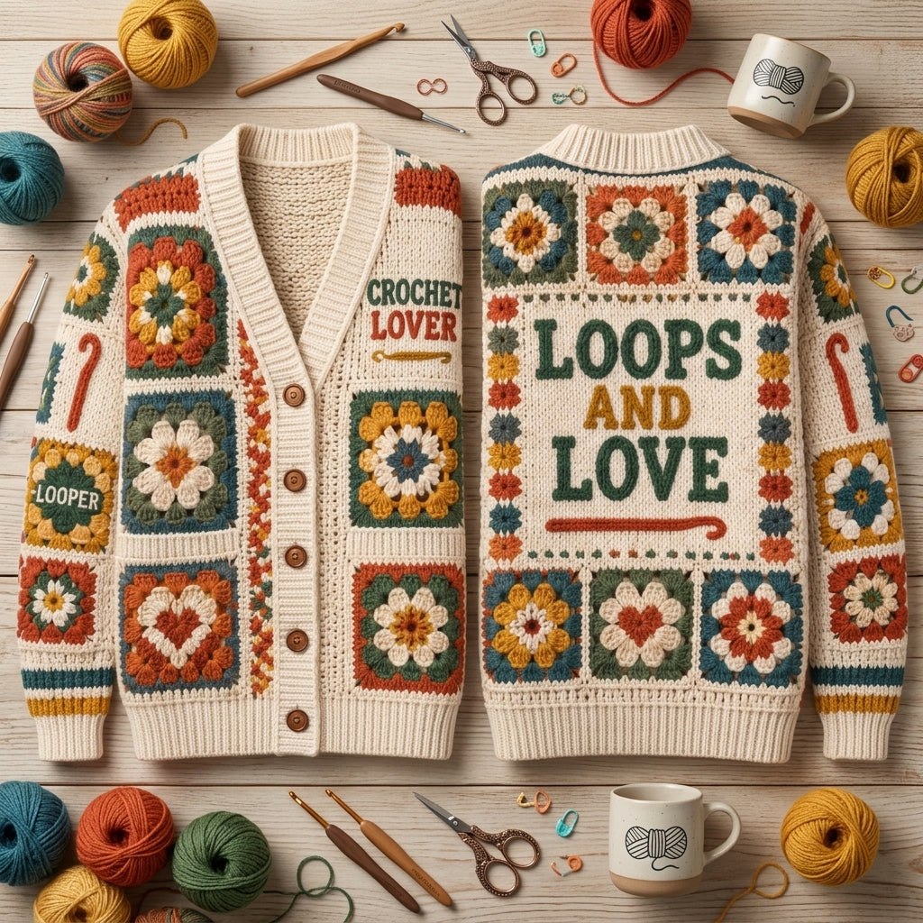 Crochet Lover Granny Square Print Knitted Cardigan – Cozy Gift for Crafters - mockup 2