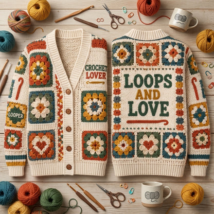 Crochet Lover Granny Square Print Knitted Cardigan – Cozy Gift for Crafters - mockup 2