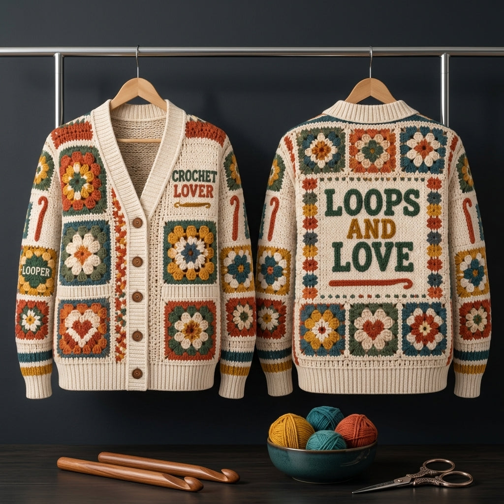 Crochet Lover Granny Square Print Knitted Cardigan – Cozy Gift for Crafters - mockup 3