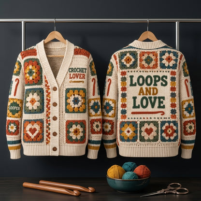 Crochet Lover Granny Square Print Knitted Cardigan – Cozy Gift for Crafters - mockup 3