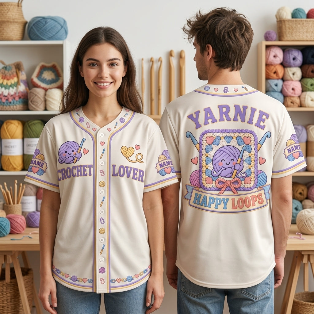 Personalized Crochet Lover Baseball Jersey - Kawaii Yarnie Happy Loops Shirt - mockup 1