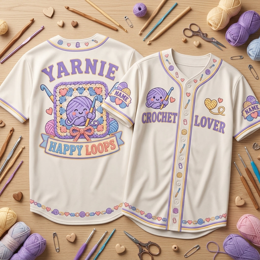 Personalized Crochet Lover Baseball Jersey - Kawaii Yarnie Happy Loops Shirt - mockup 2