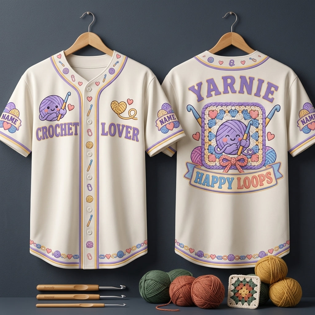Personalized Crochet Lover Baseball Jersey - Kawaii Yarnie Happy Loops Shirt - mockup 3