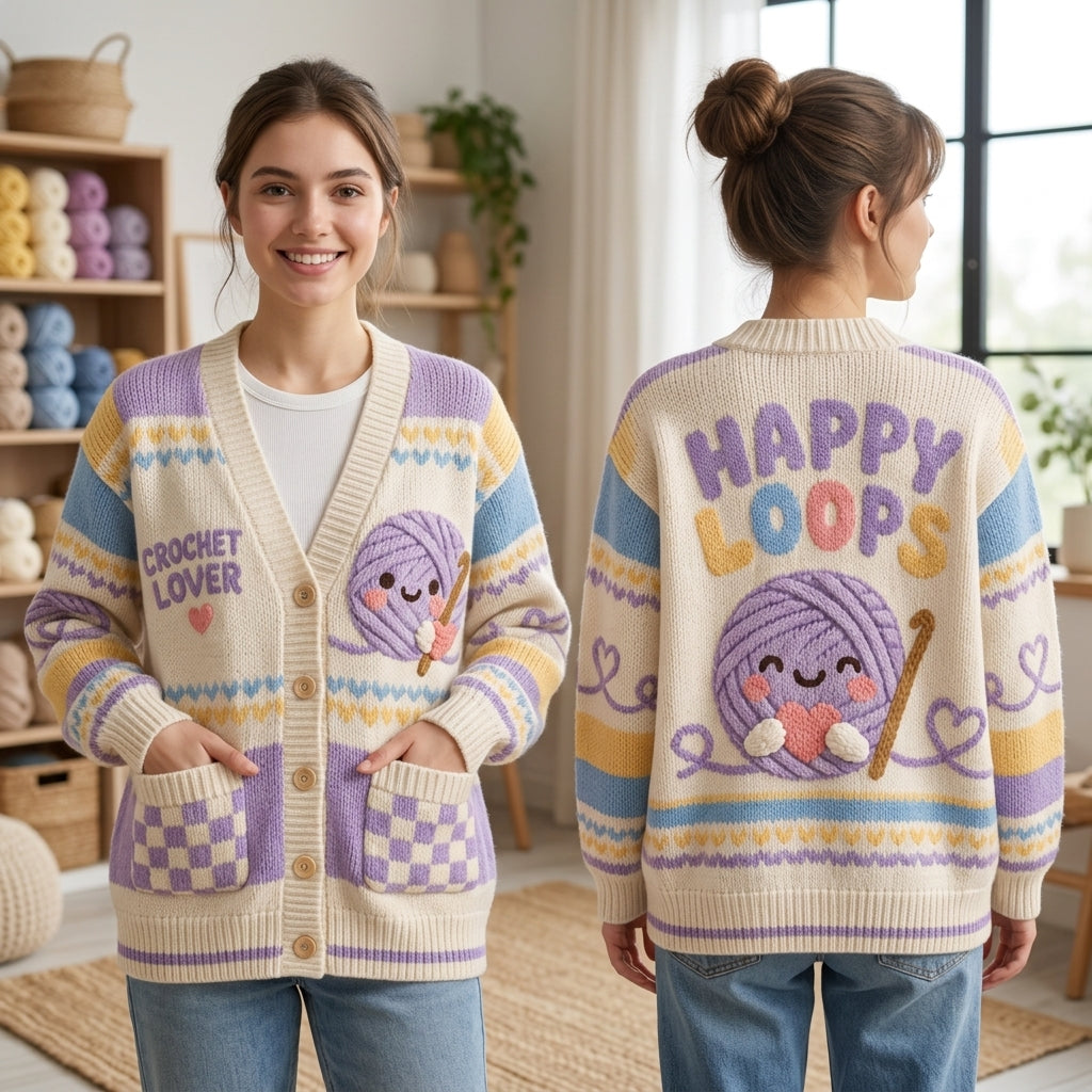 Crochet Lover Happy Loops Kawaii Yarn Knitted Cardigan – Pastel Crafting Gift - mockup 1