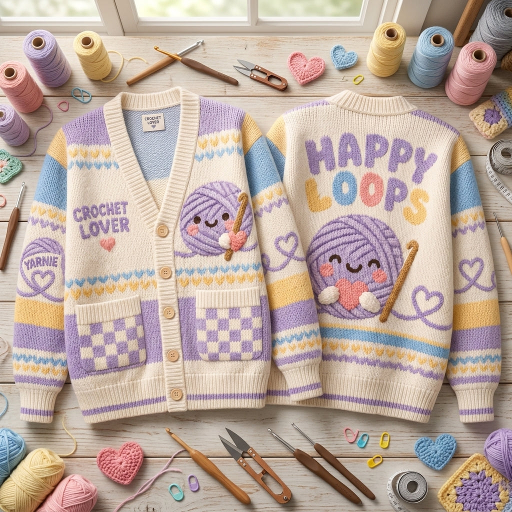 Crochet Lover Happy Loops Kawaii Yarn Knitted Cardigan – Pastel Crafting Gift - mockup 2