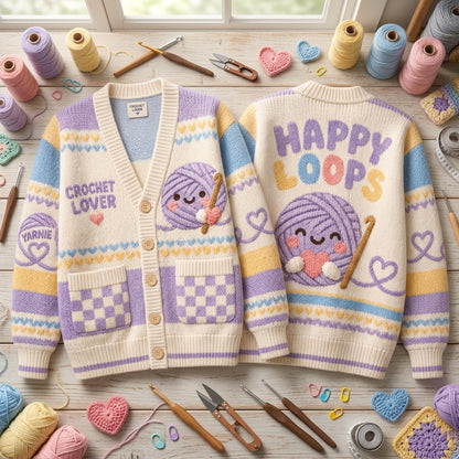 Crochet Lover Happy Loops Kawaii Yarn Knitted Cardigan – Pastel Crafting Gift - mockup 2