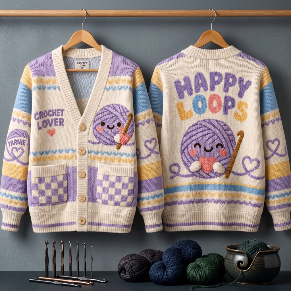 Crochet Lover Happy Loops Kawaii Yarn Knitted Cardigan – Pastel Crafting Gift - mockup 3