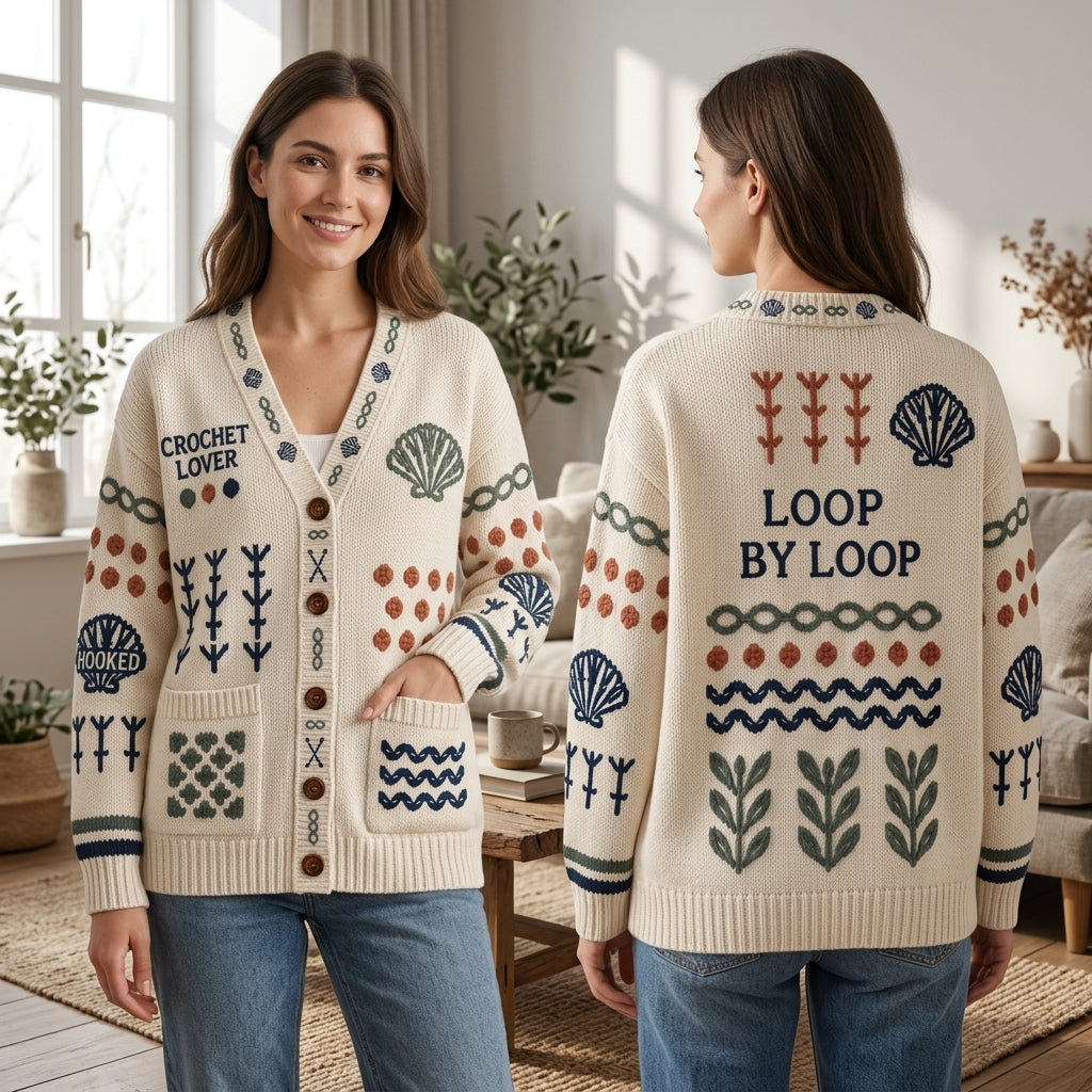 Crochet Lover Artistic Knitted Cardigan - Loop by Loop Oversized Sweater for Crafters - mockup 1